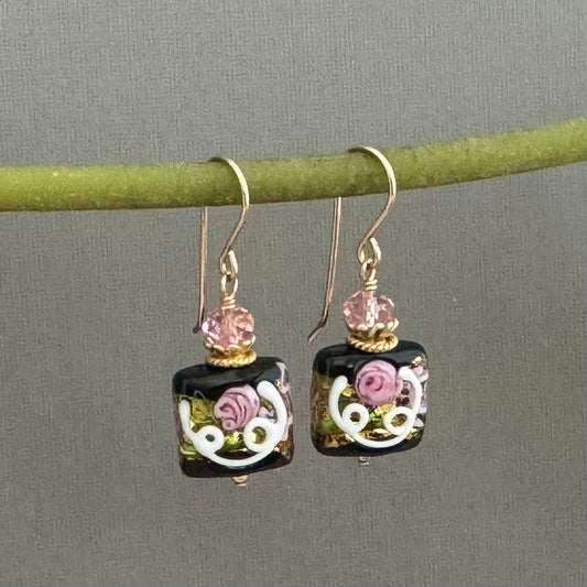 Square Black Murano Glass, Venetian Foil Earrings in 14K Gold Fill