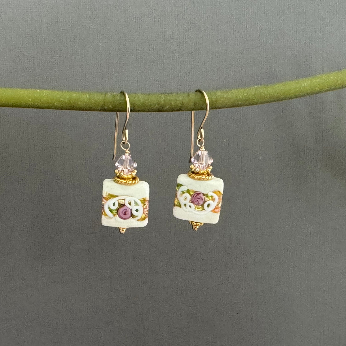 Murano White Wedding Cake Earrings in 14K Gold Fill