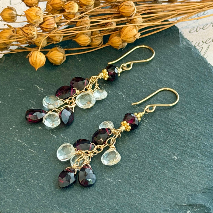 Garnet and White Topaz Briollet Dangle Earrings in 14K Gold Fill