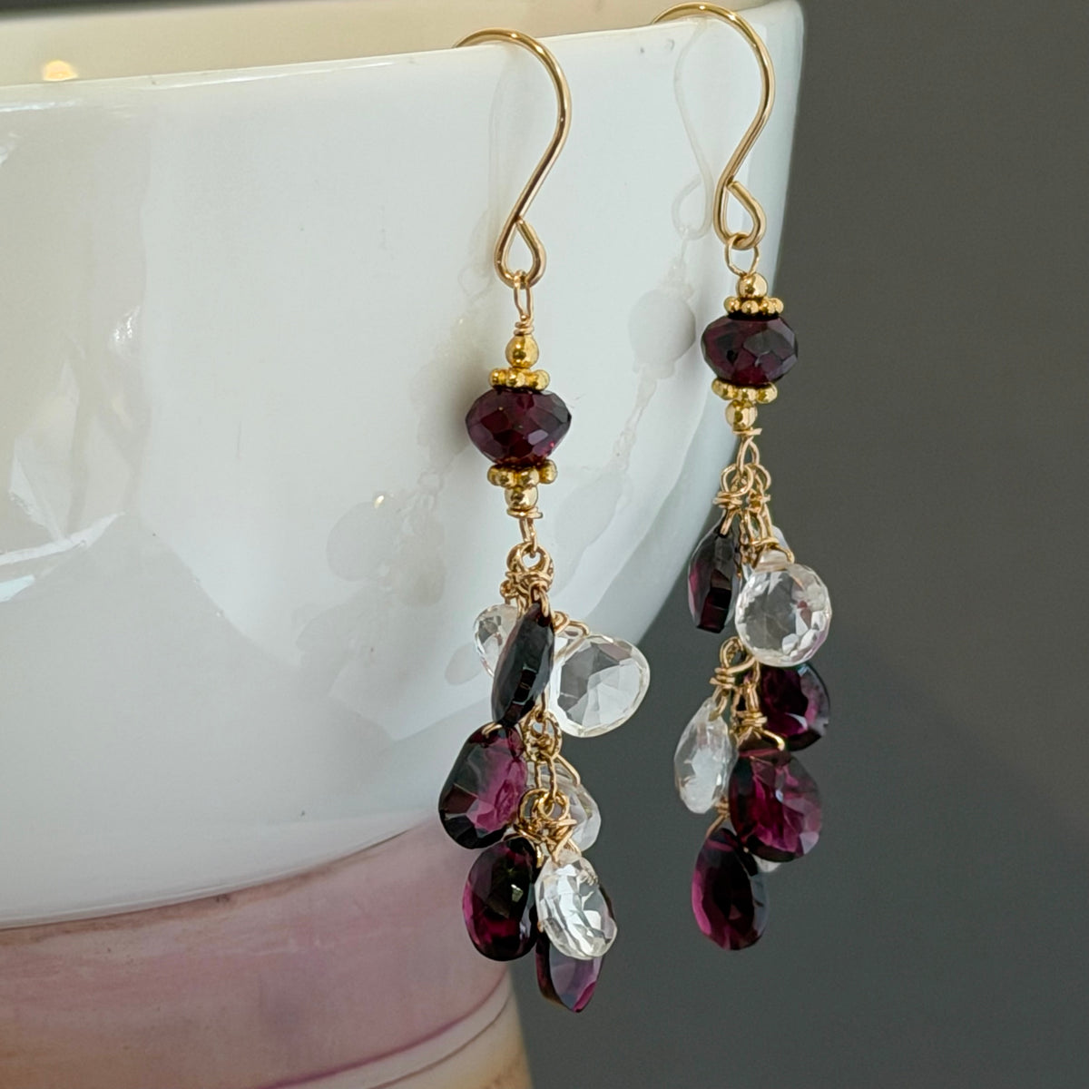 Garnet and White Topaz Briollet Dangle Earrings in 14K Gold Fill