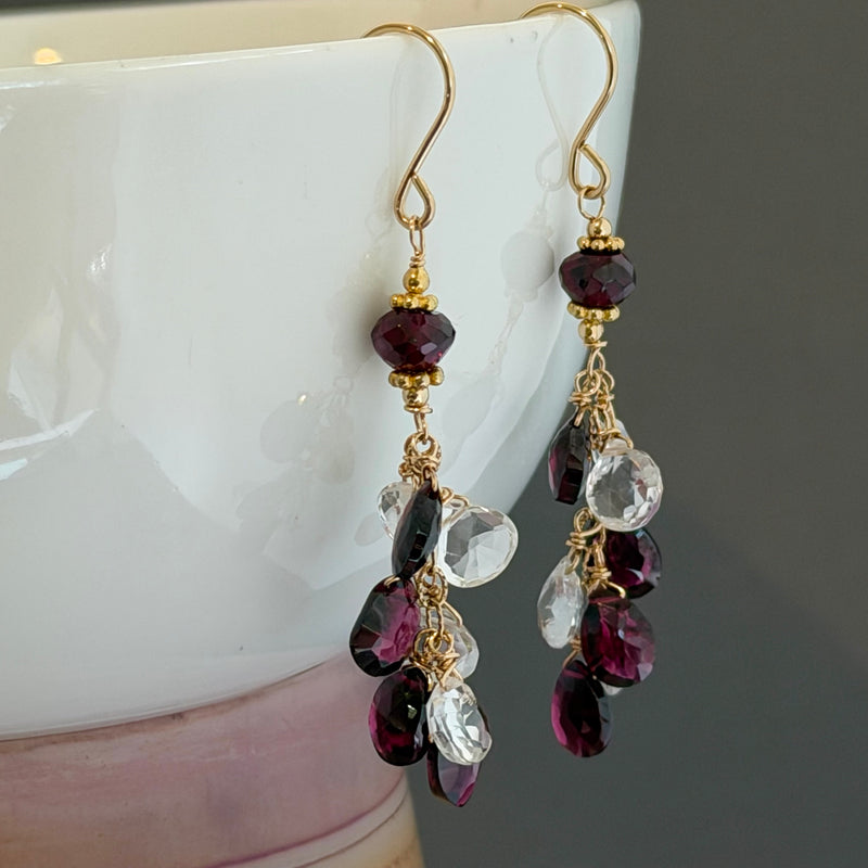 Garnet and White Topaz Briollet Dangle Earrings in 14K Gold Fill