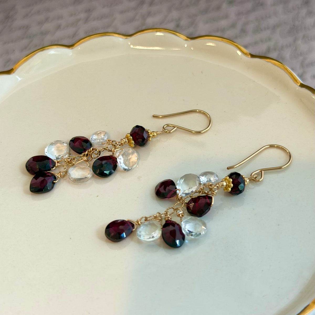 Garnet and White Topaz Briollet Dangle Earrings in 14K Gold Fill