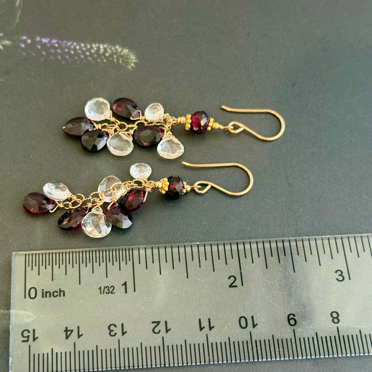 Garnet and White Topaz Briollet Dangle Earrings in 14K Gold Fill