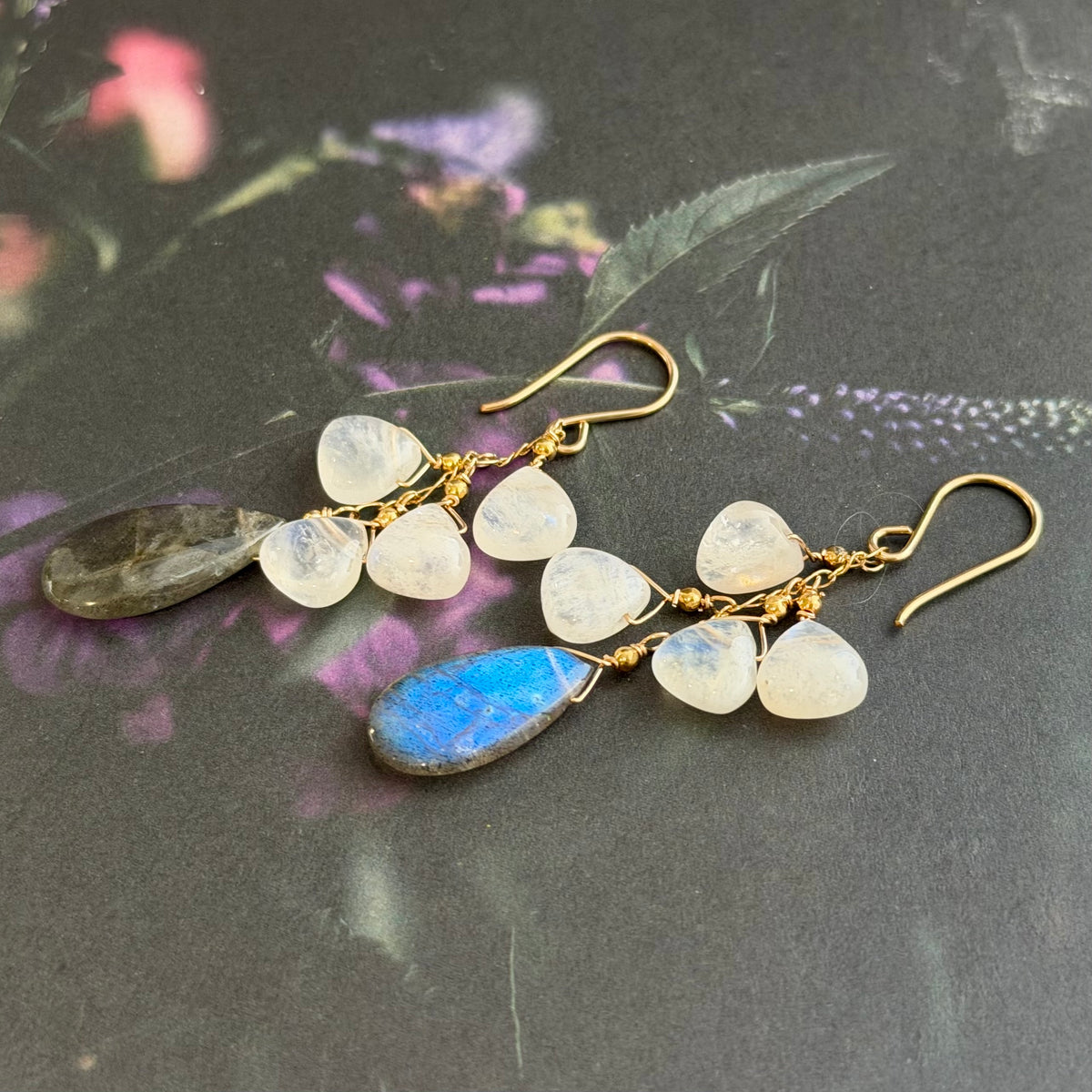 Large Labradorite and White Moonstone Earrings in 14K Gold Fill