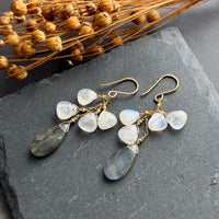 Large Labradorite and White Moonstone Earrings in 14K Gold Fill