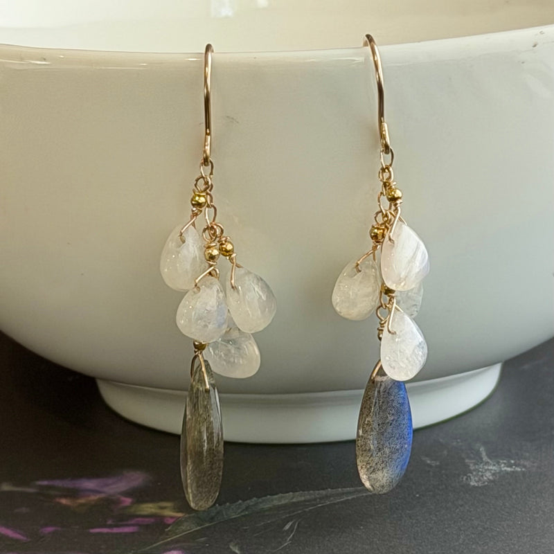 Large Labradorite and White Moonstone Earrings in 14K Gold Fill