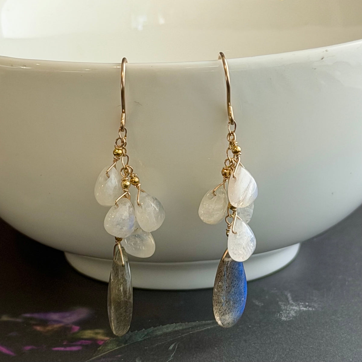 Large Labradorite and White Moonstone Earrings in 14K Gold Fill