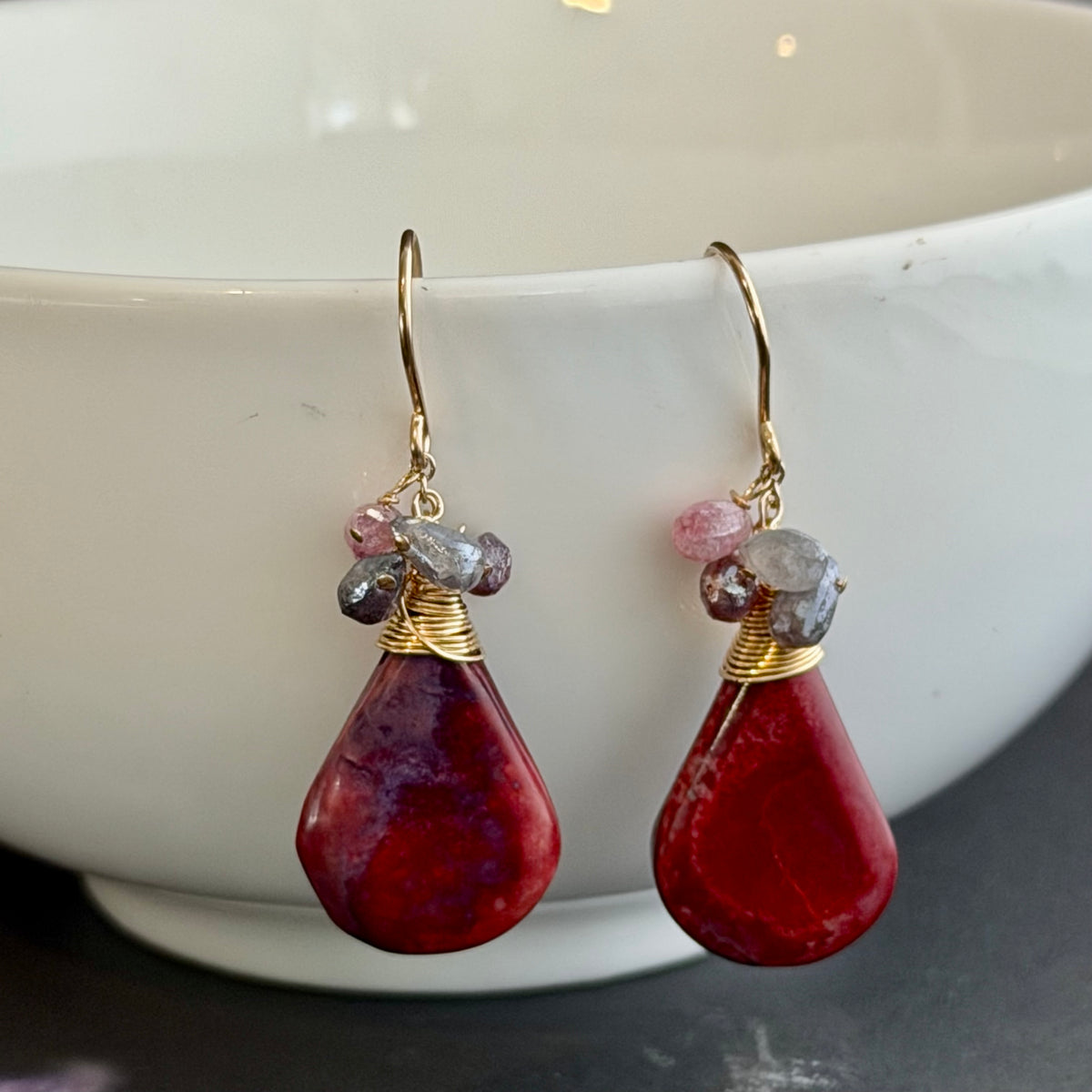 Large Red Jasper and Spinel Earrings in 14K Gold Fill