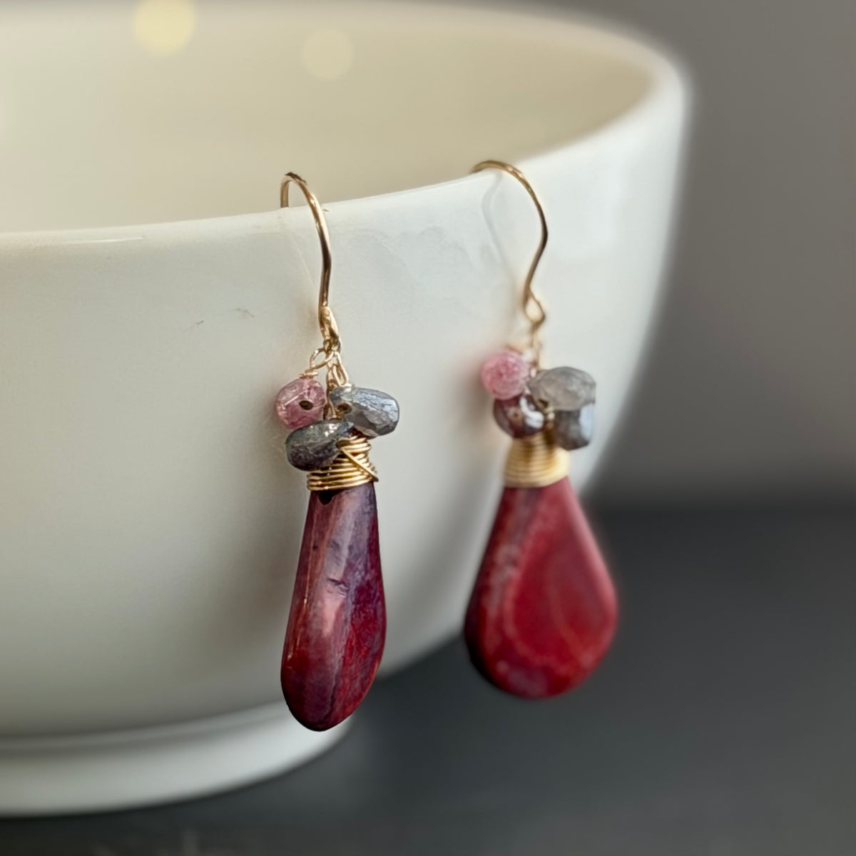 Large Red Jasper and Spinel Earrings in 14K Gold Fill
