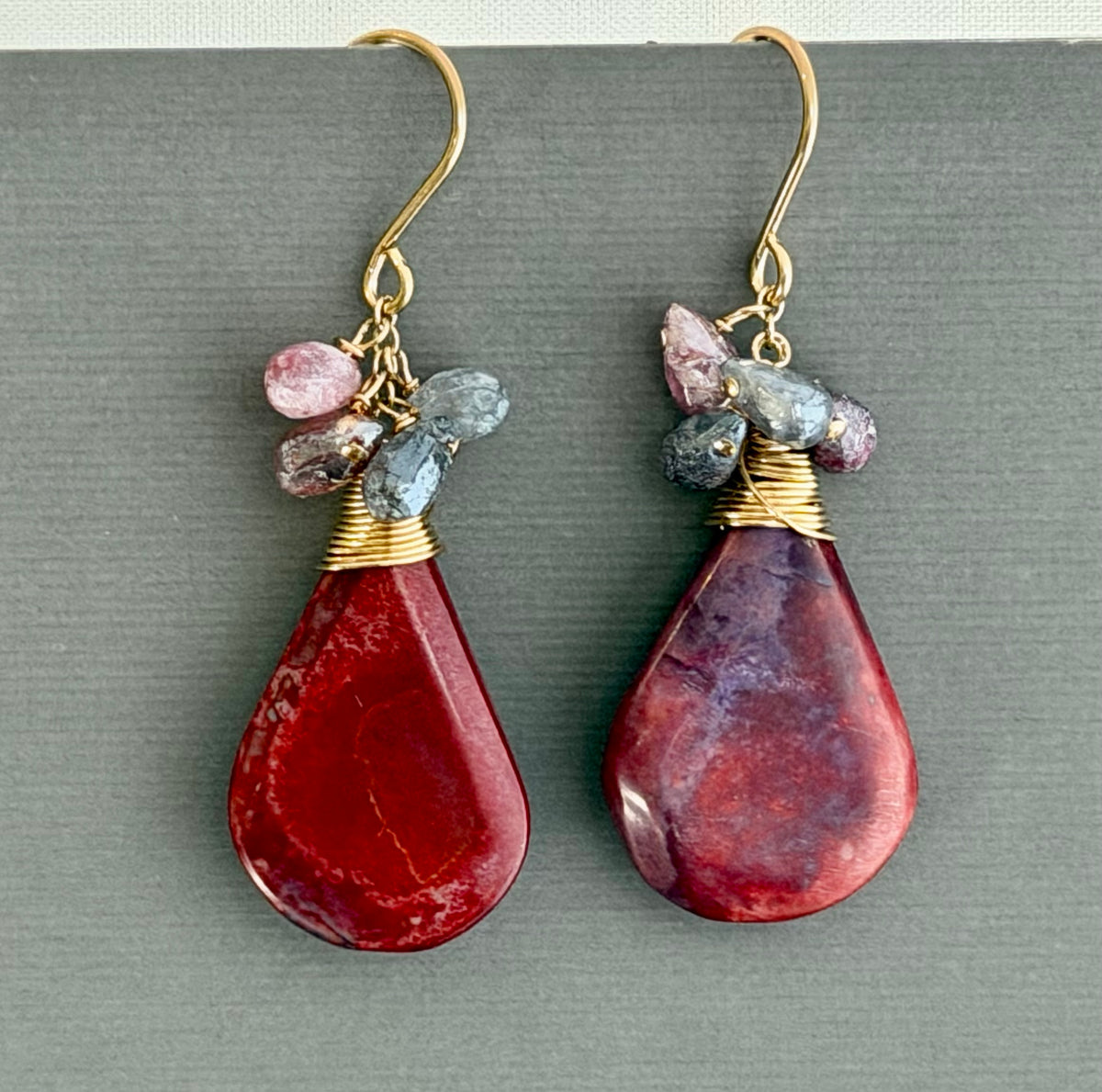 Large Red Jasper and Spinel Earrings in 14K Gold Fill