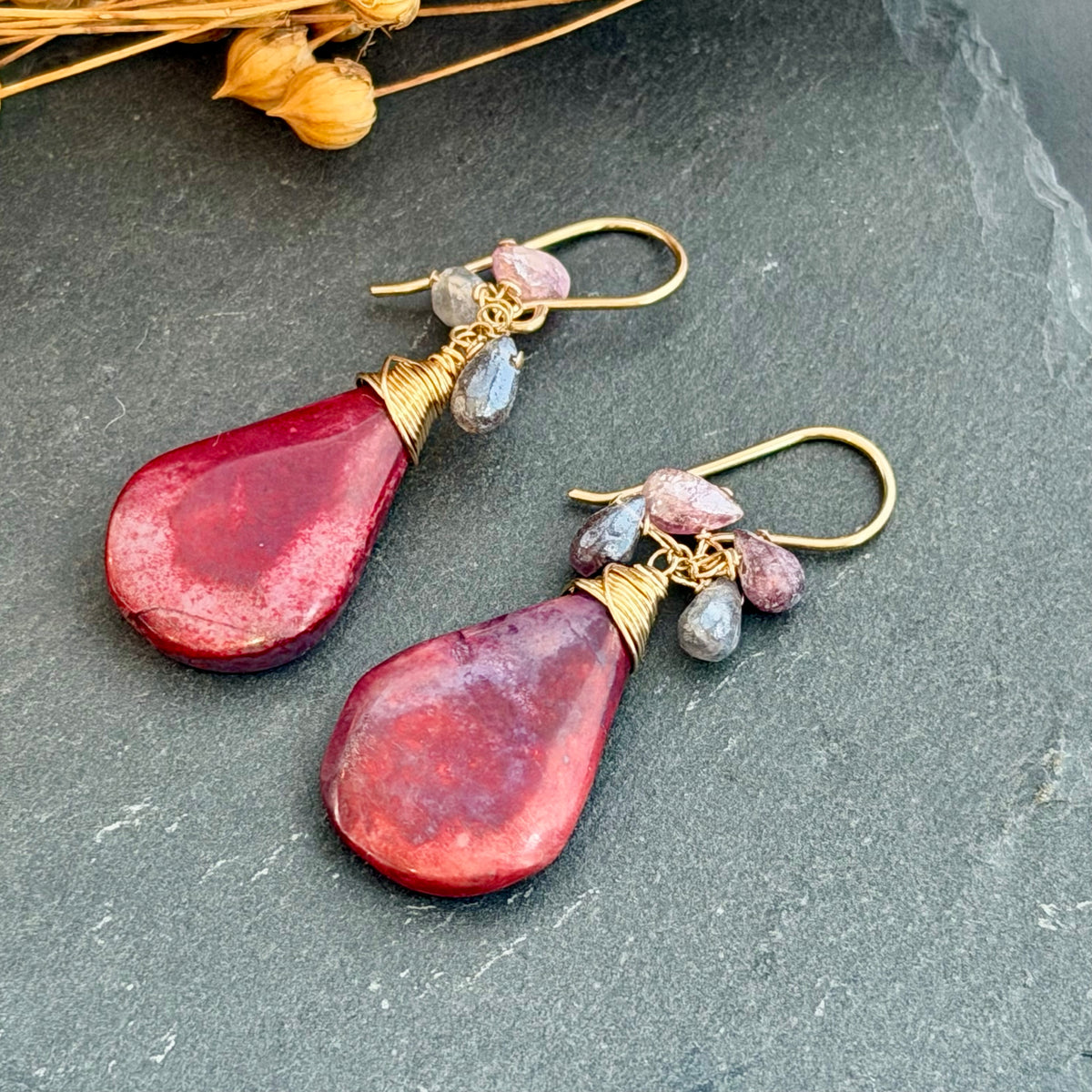 Large Red Jasper and Spinel Earrings in 14K Gold Fill