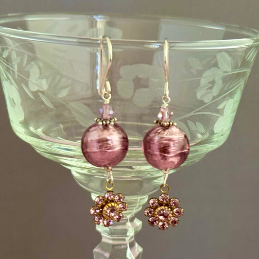 Light Purple Murano Glass Round Earrings in Sterling Silver