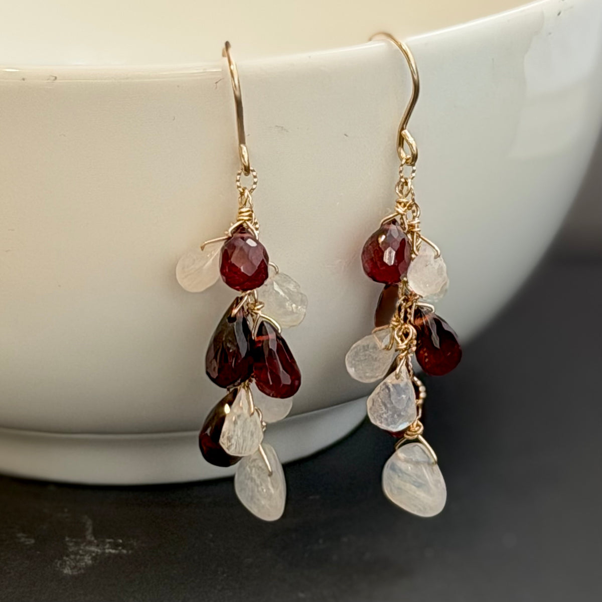 Garnet and Moonstone Dangle Earrings in 14K Gold Fill
