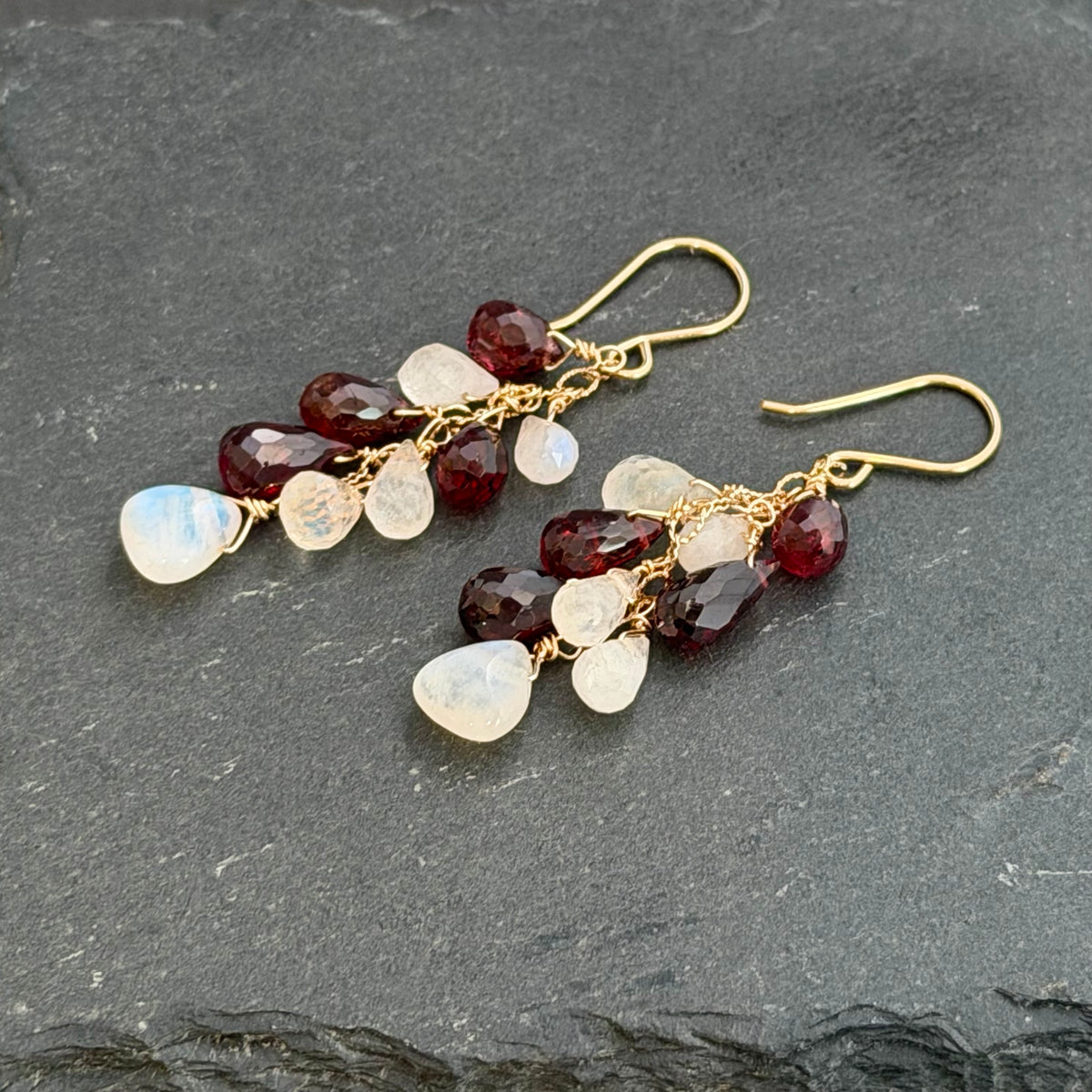 Garnet and Moonstone Dangle Earrings in 14K Gold Fill