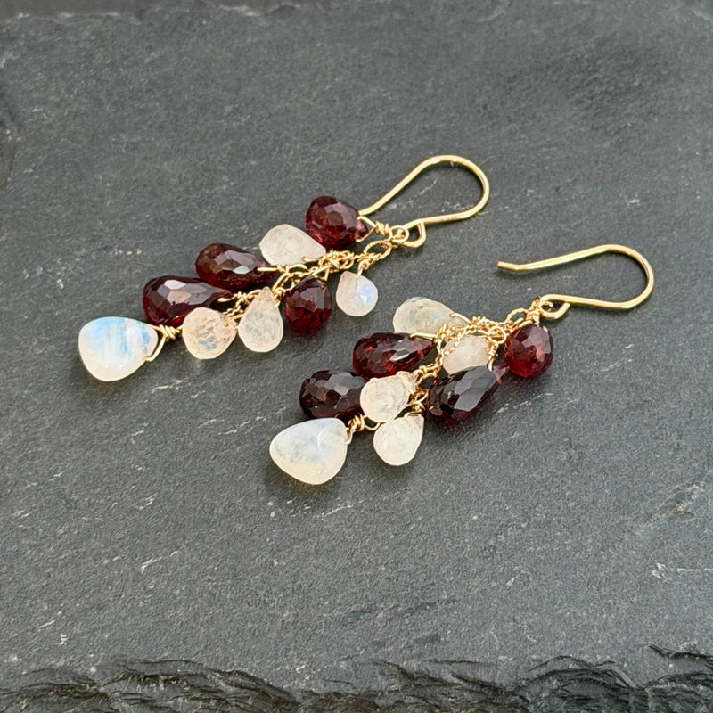 Garnet and Moonstone Dangle Earrings in 14K Gold Fill