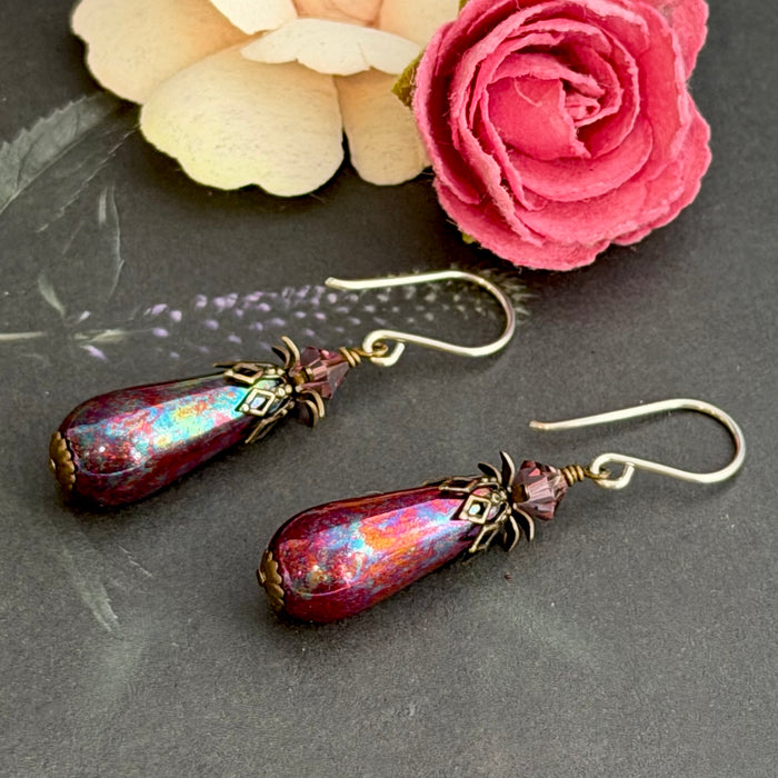 Czech Glass Purple Frosted Dangle Drop Earrings in Sterling Silver