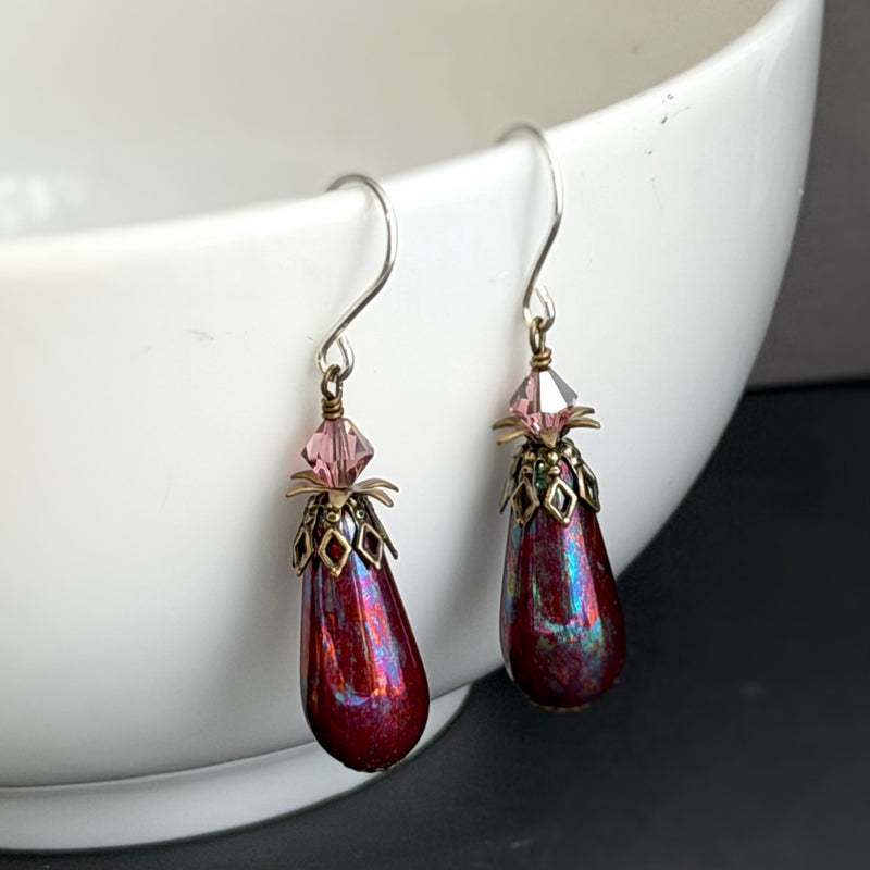 Czech Glass Purple Frosted Dangle Drop Earrings in Sterling Silver