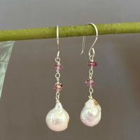 White Baroque Pearl and Pink Topaz Earrings in Sterling Silver