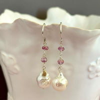 White Baroque Pearl and Pink Topaz Earrings in Sterling Silver