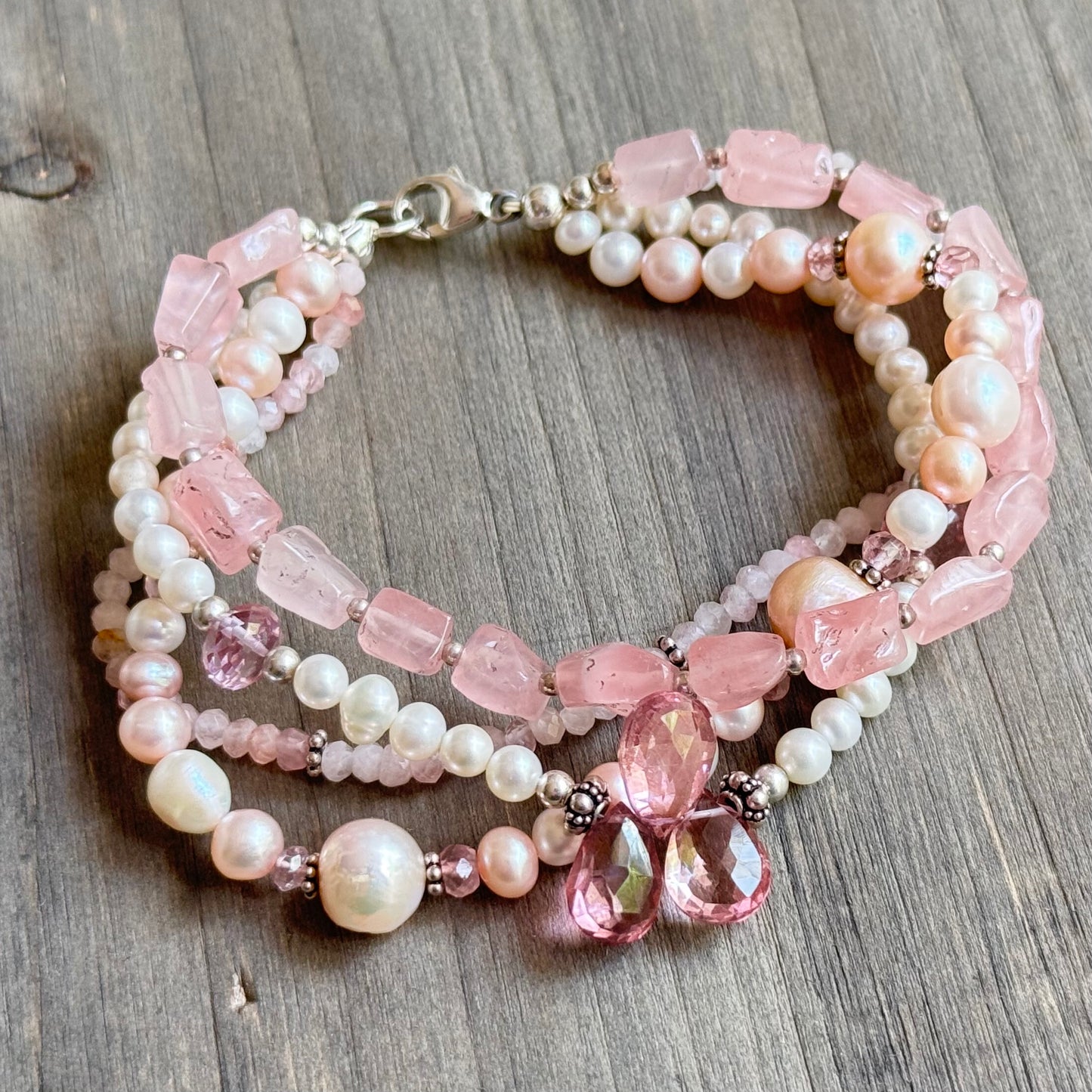 Pink Four-Strand Multi Gem and Freshwater Pearl Bracelet in Sterling Silver