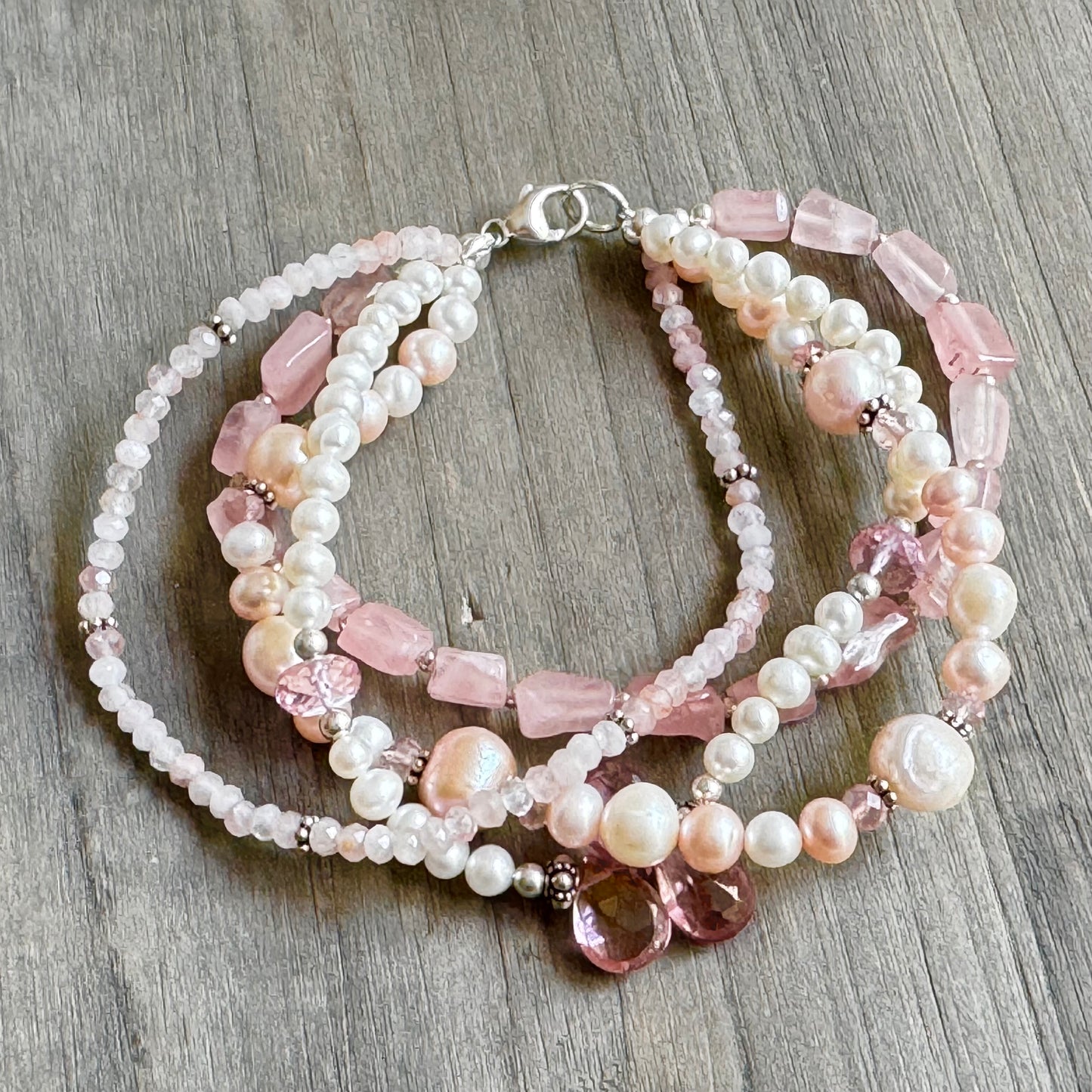 Pink Four-Strand Multi Gem and Freshwater Pearl Bracelet in Sterling Silver