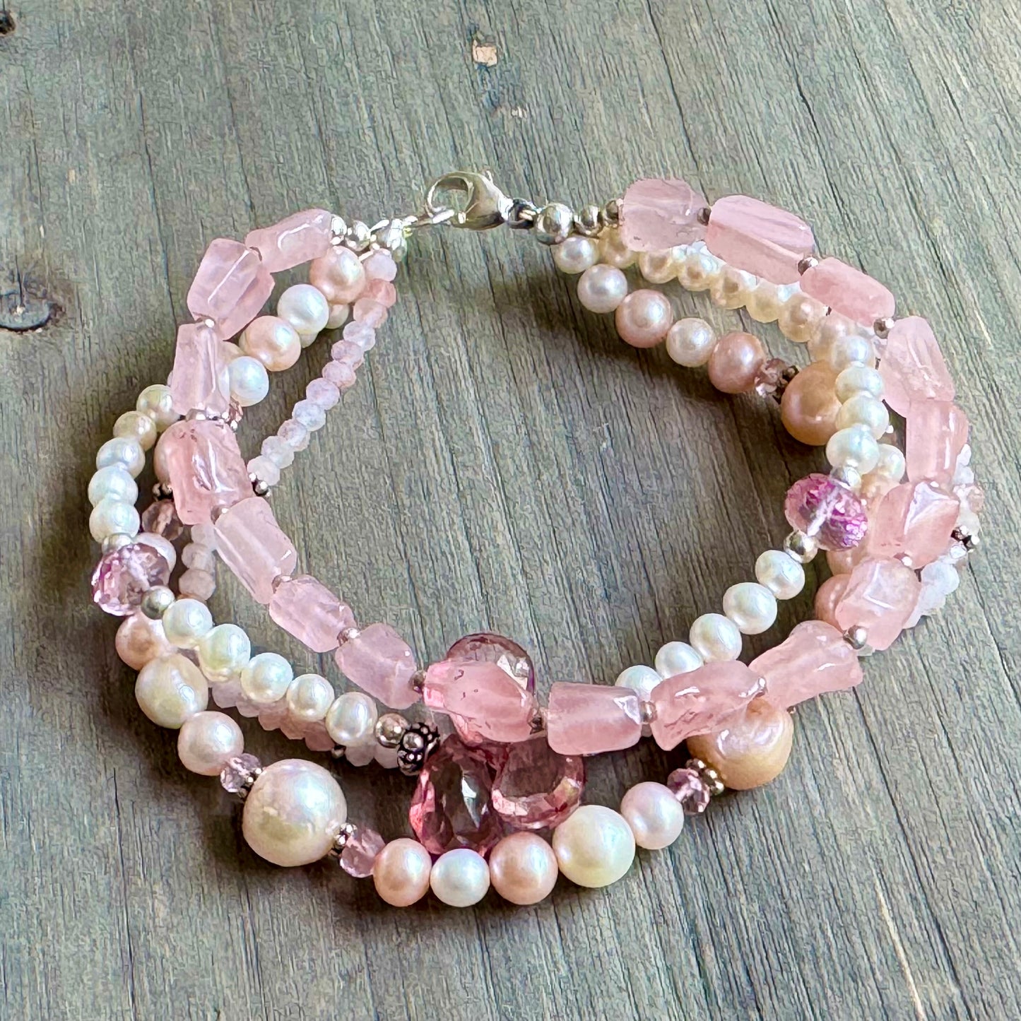 Pink Four-Strand Multi Gem and Freshwater Pearl Bracelet in Sterling Silver