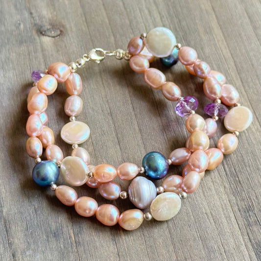 Pink and Grey Three-Strand Freshwater Pearl Bracelet in Sterling Silver