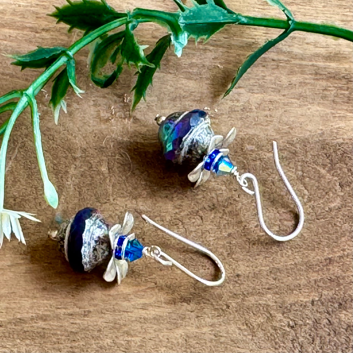 Czech Glass Purple and Silver Metallic Saturn Earrings in Sterling Silver