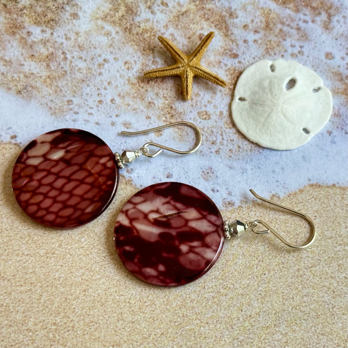 Maroon Round Shell Earrings in Sterling Silver