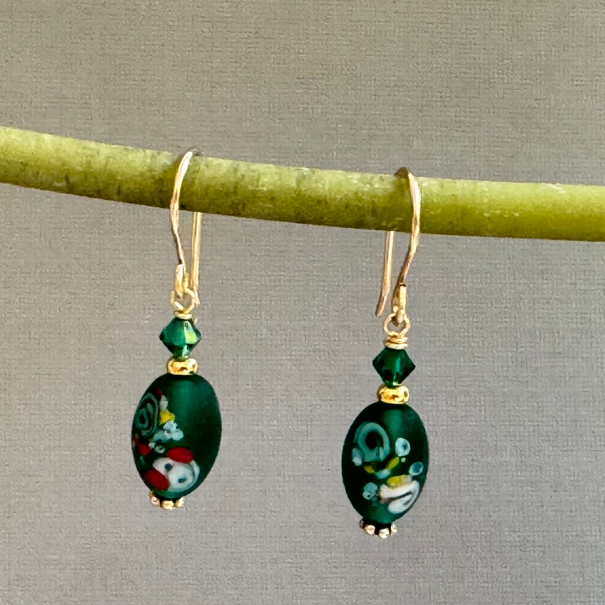 Vintage Green Czech Lampwork Earrings in Gold Fill