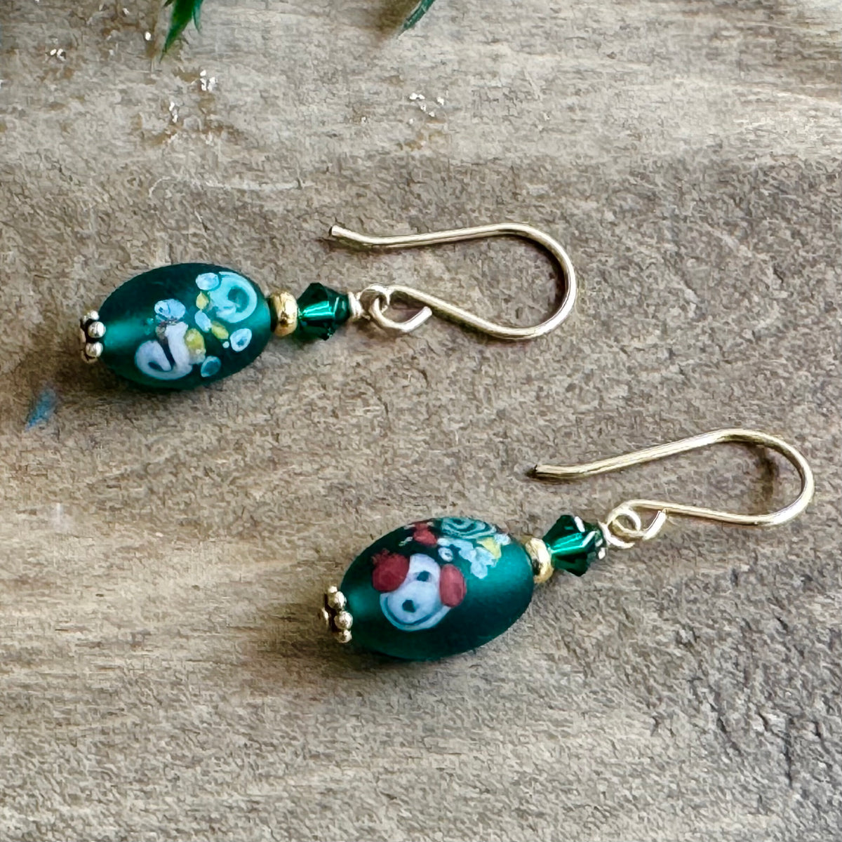 Vintage Green Czech Lampwork Earrings in Gold Fill