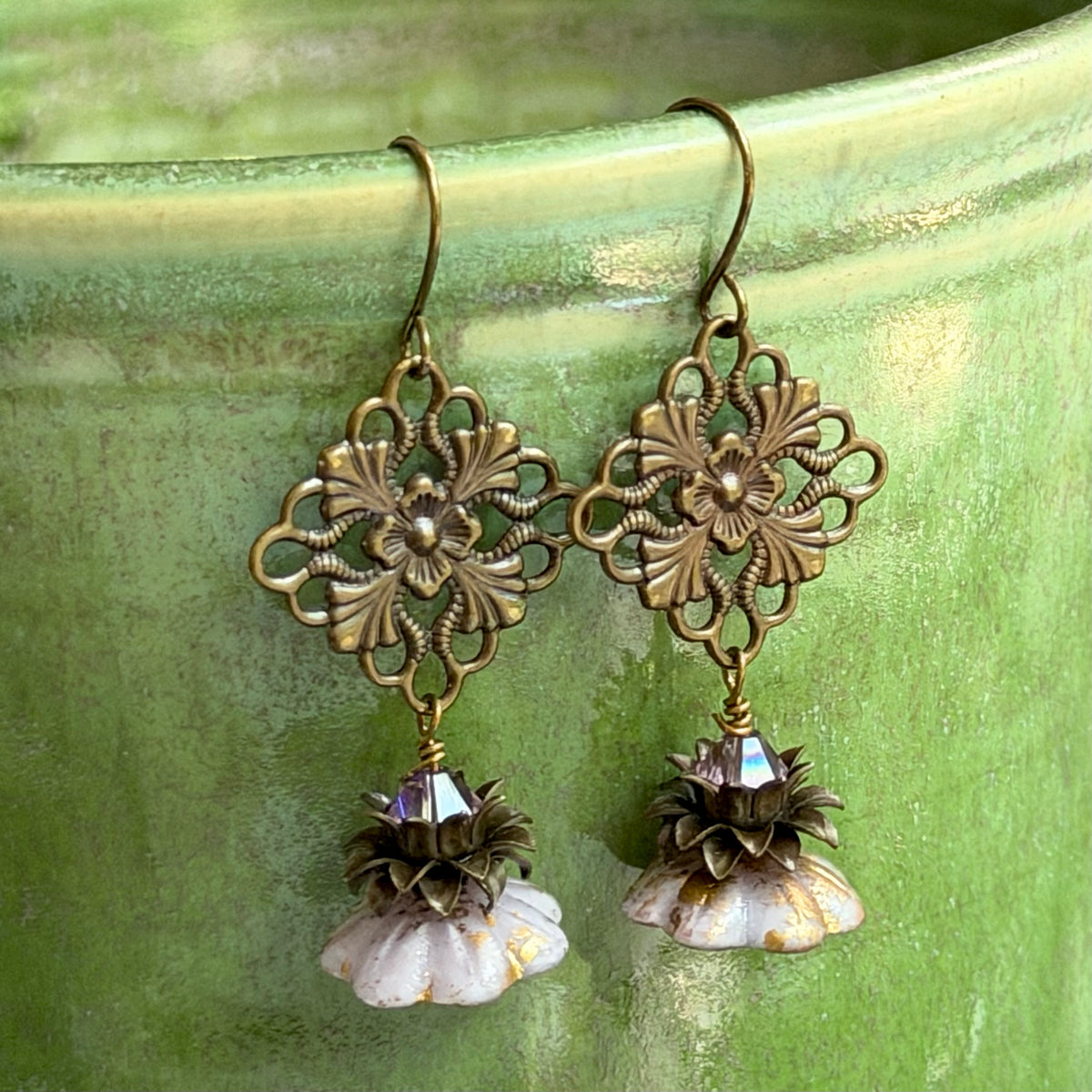 Light Mauve Czech Glass Flower Earrings in Brass Filigree