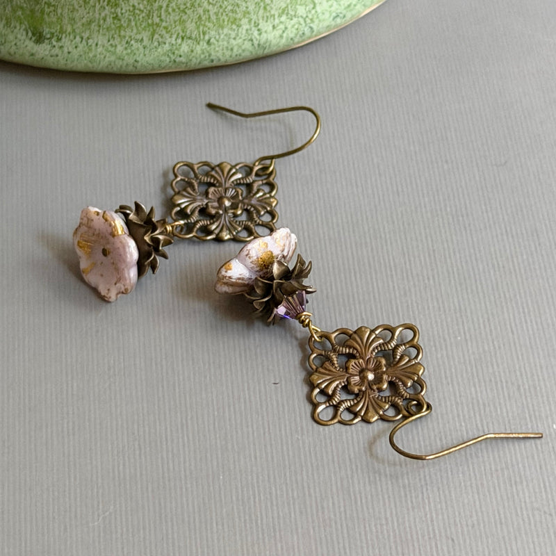 Light Mauve Czech Glass Flower Earrings in Brass Filigree