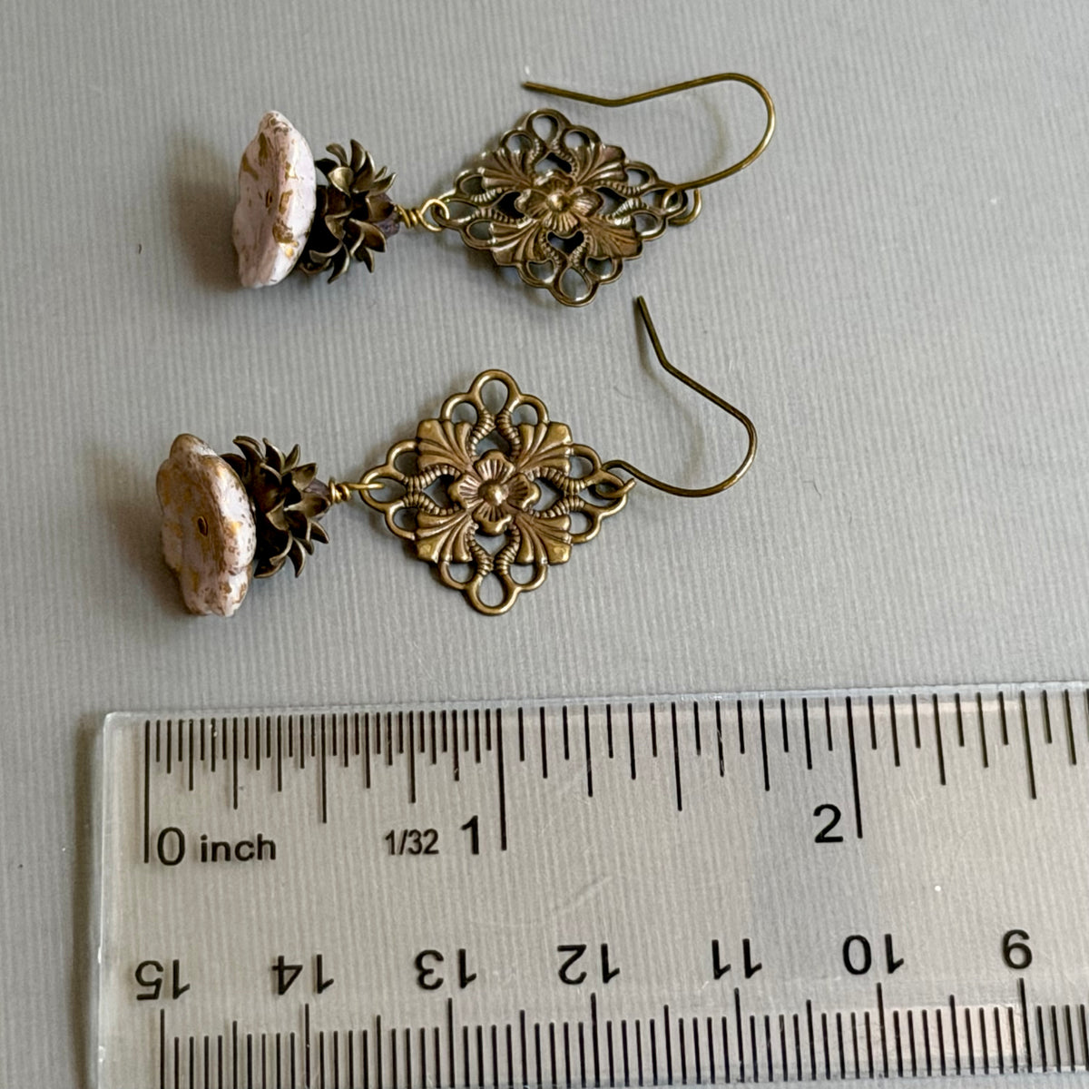 Light Mauve Czech Glass Flower Earrings in Brass Filigree