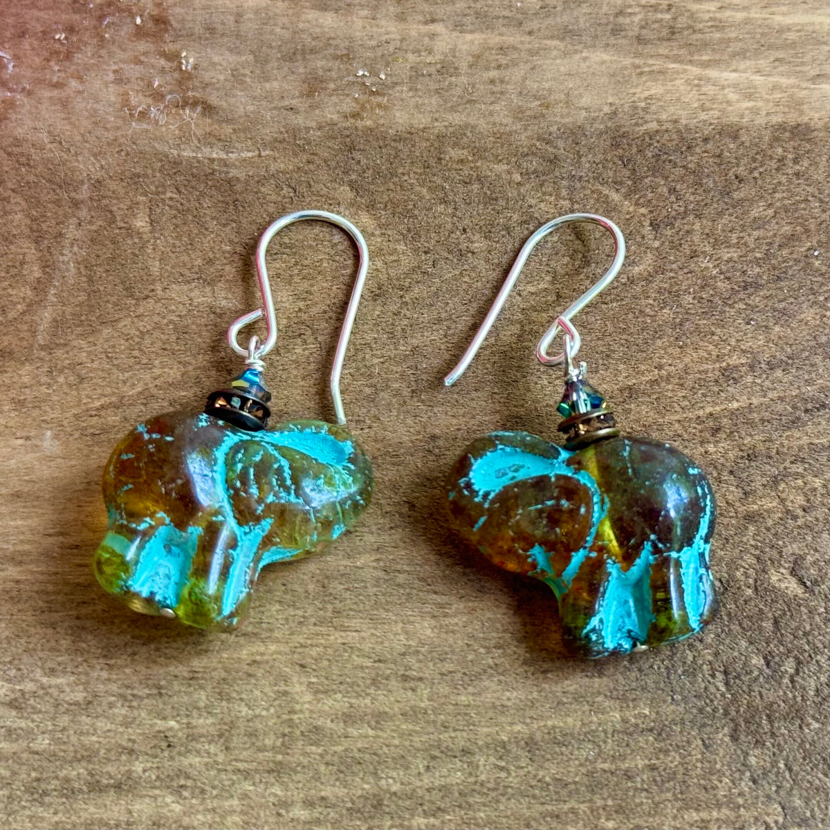 Czech Glass Amber and Blue Elephant Earrings in Sterling Silver