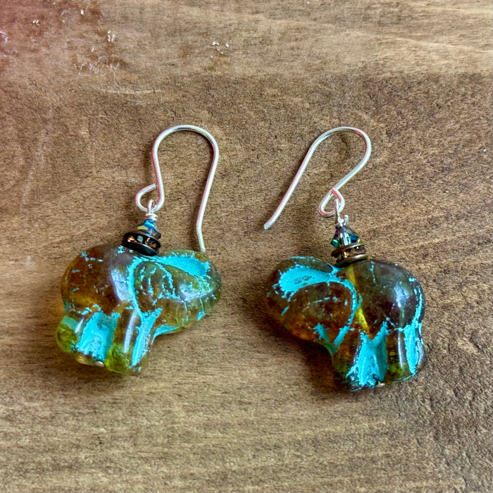 Czech Glass Amber and Blue Elephant Earrings in Sterling Silver