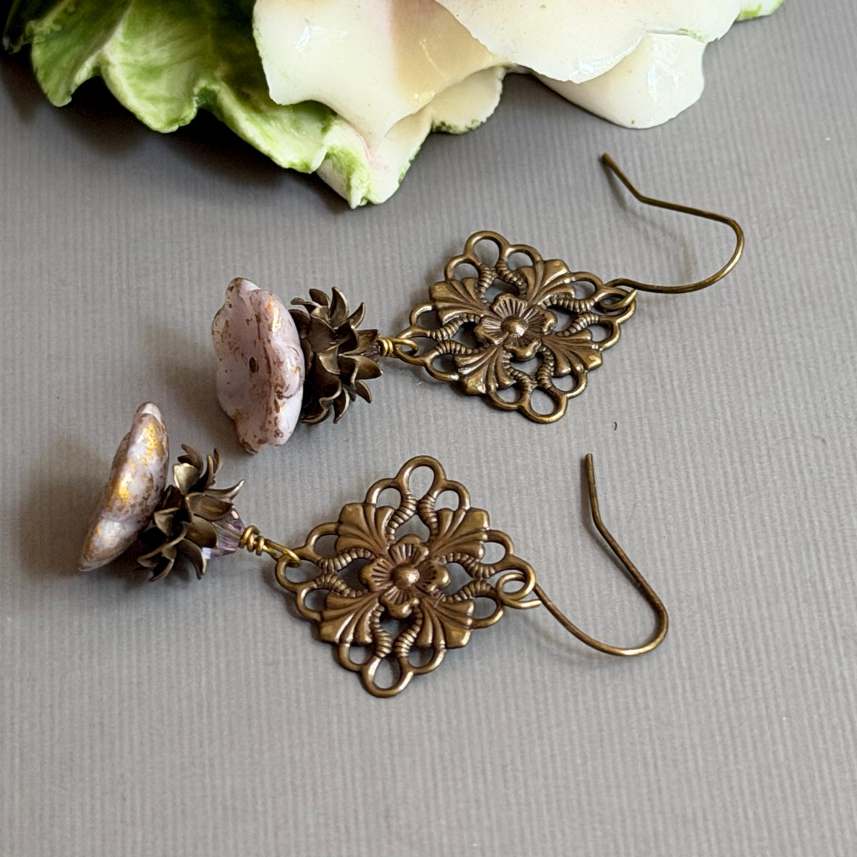 Light Mauve Czech Glass Flower Earrings in Brass Filigree