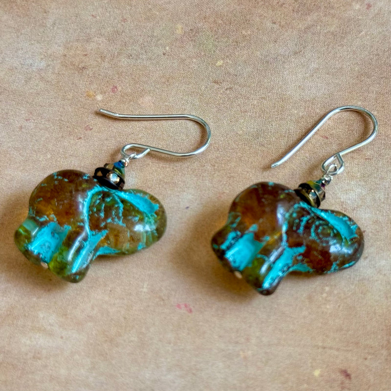 Czech Glass Amber and Blue Elephant Earrings in Sterling Silver