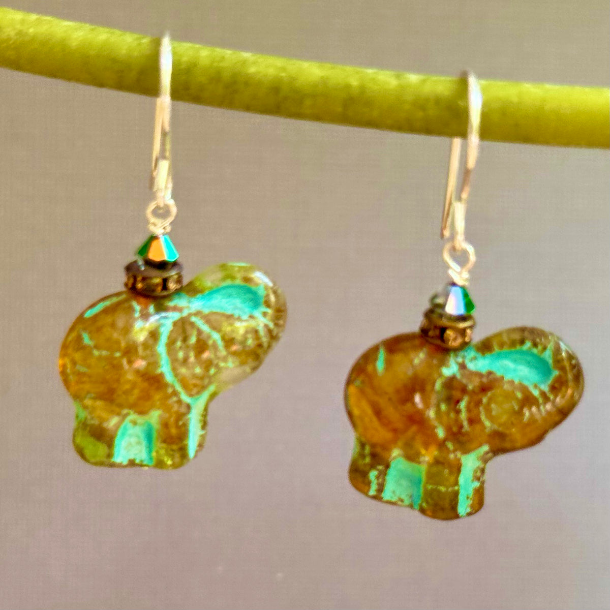 Czech Glass Amber and Blue Elephant Earrings in Sterling Silver