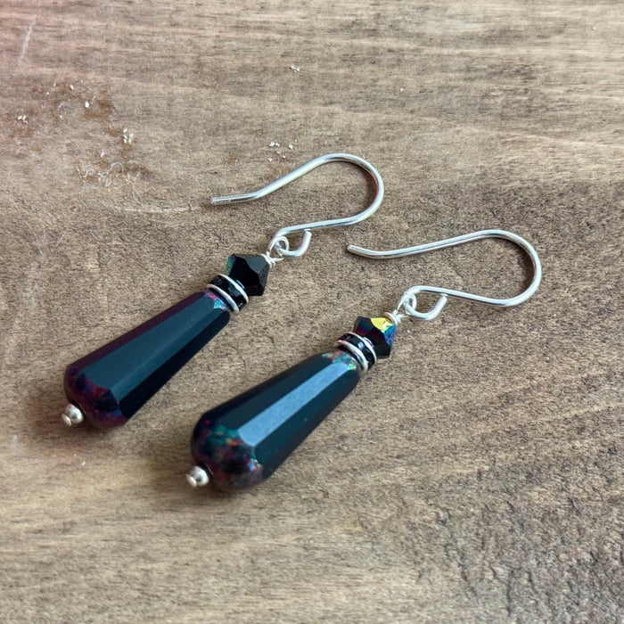Czech Glass Black Faceted Dangle Drop Earrings