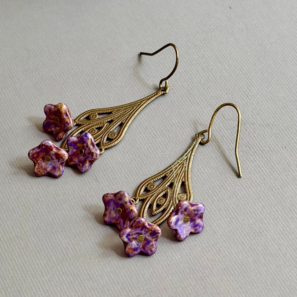 Art Nouveau Purple Czech Glass Flower Earrings on Brass Filigree Components