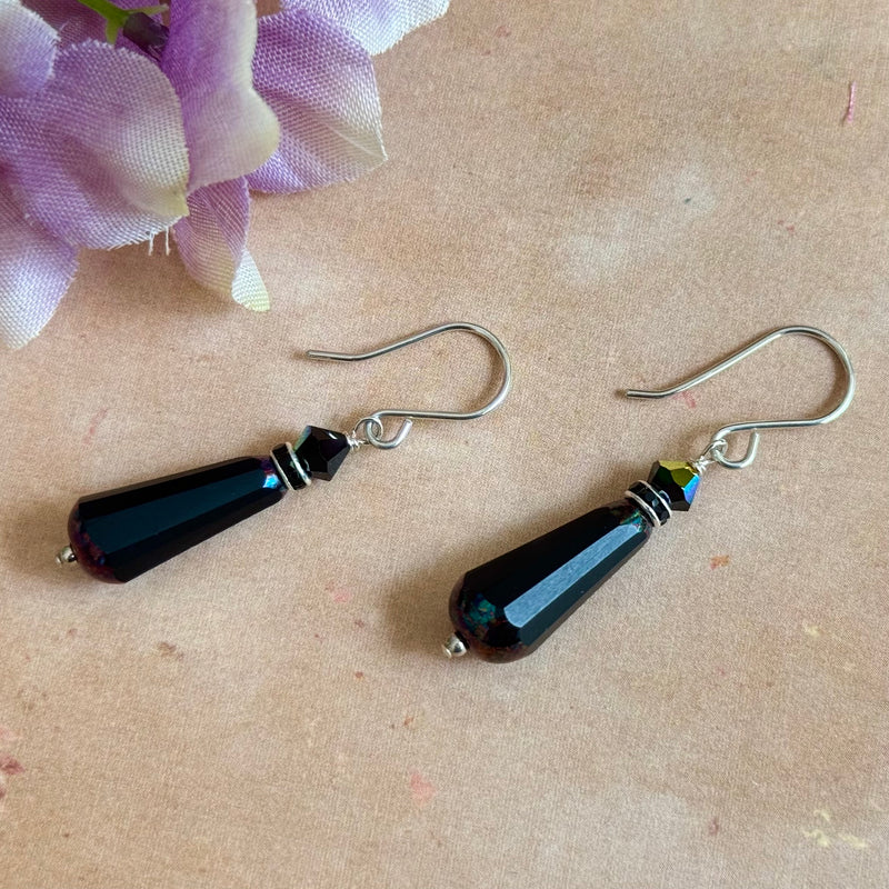 Czech Glass Black Faceted Dangle Drop Earrings