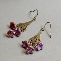Art Nouveau Purple Czech Glass Flower Earrings on Brass Filigree Components