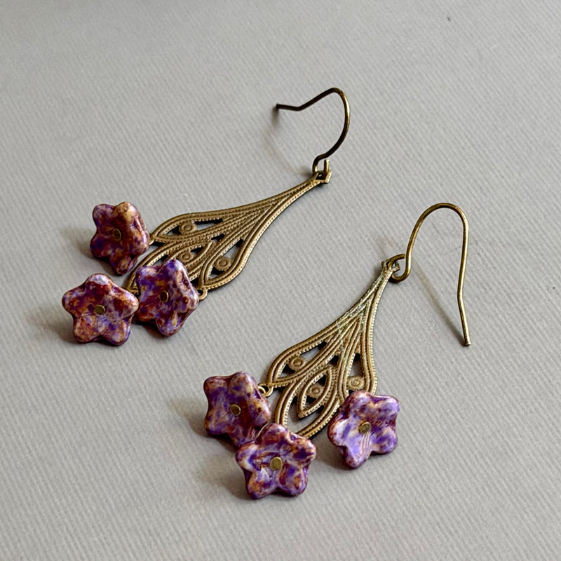 Art Nouveau Purple Czech Glass Flower Earrings on Brass Filigree Components