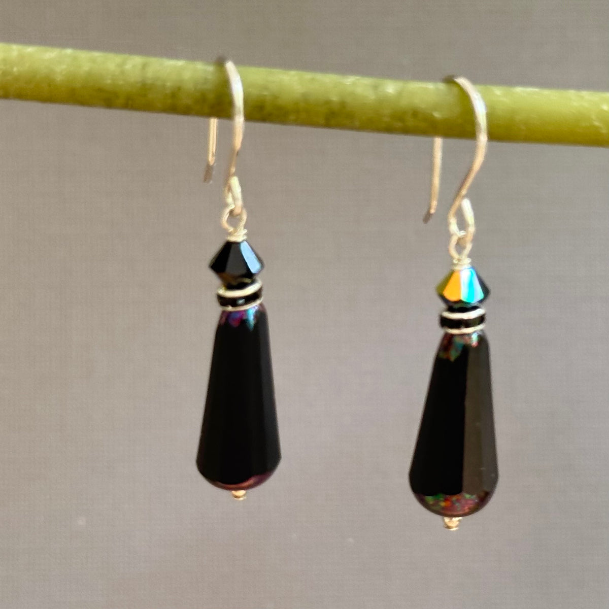 Czech Glass Black Faceted Dangle Drop Earrings