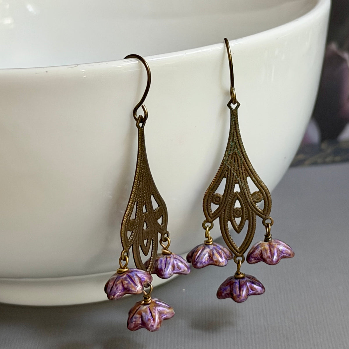 Art Nouveau Purple Czech Glass Flower Earrings on Brass Filigree Components
