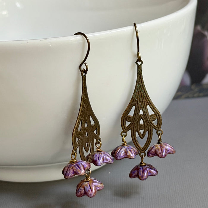 Art Nouveau Purple Czech Glass Flower Earrings on Brass Filigree Components