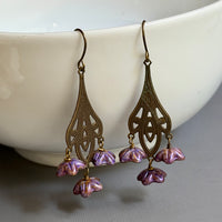 Art Nouveau Purple Czech Glass Flower Earrings on Brass Filigree Components