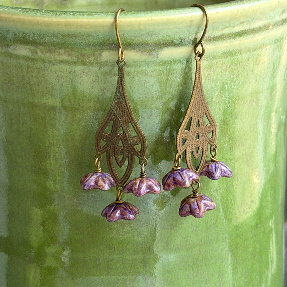 Art Nouveau Purple Czech Glass Flower Earrings on Brass Filigree Components
