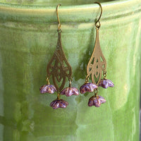 Art Nouveau Purple Czech Glass Flower Earrings on Brass Filigree Components